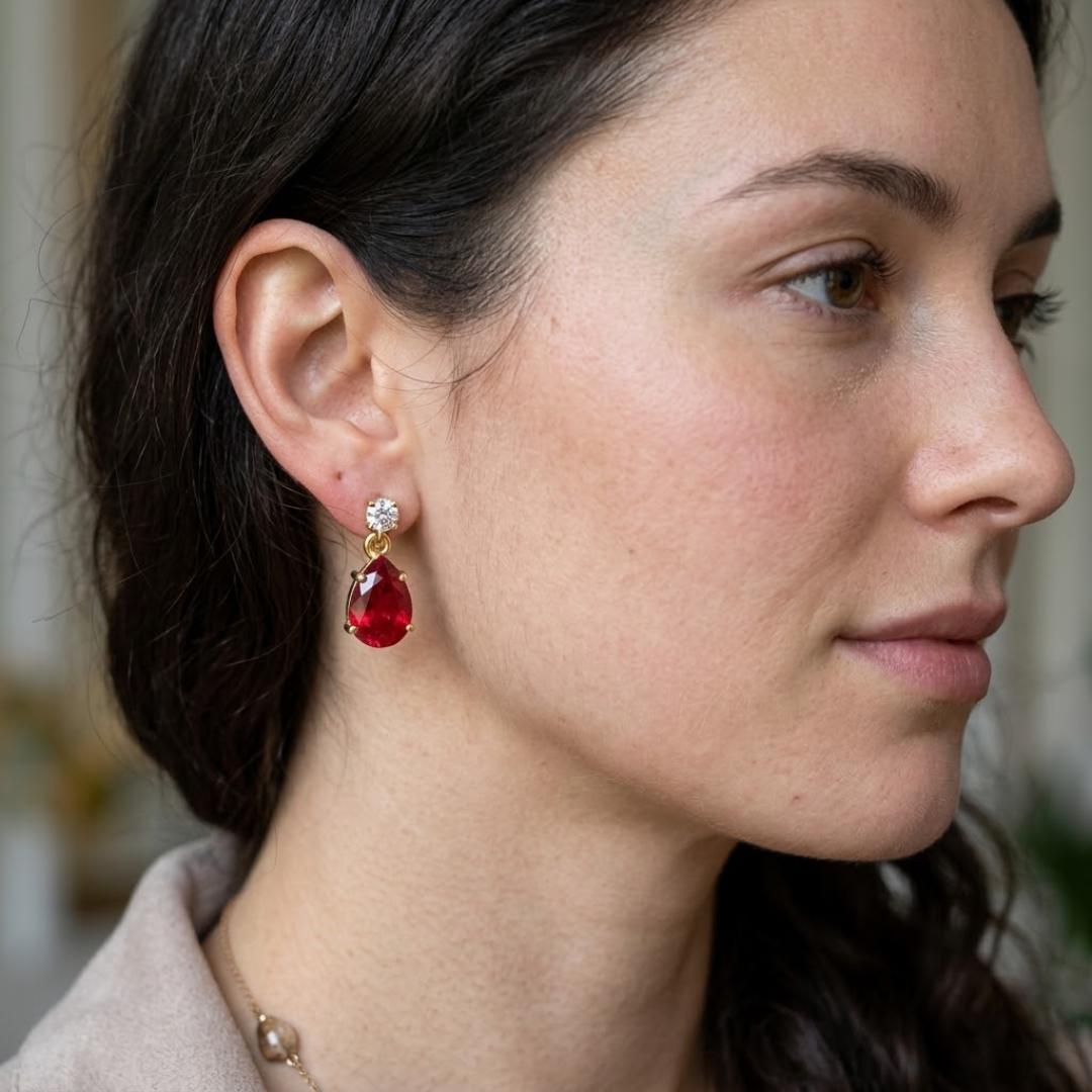 Ruby Pear & Diamond Round Two-Stone Drop Earrings