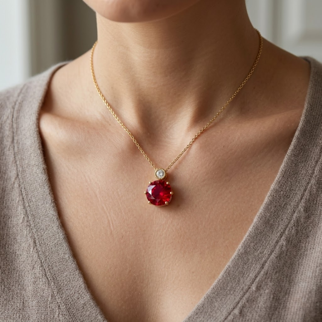 Ruby Pear Round Pendant with Diamond Accent