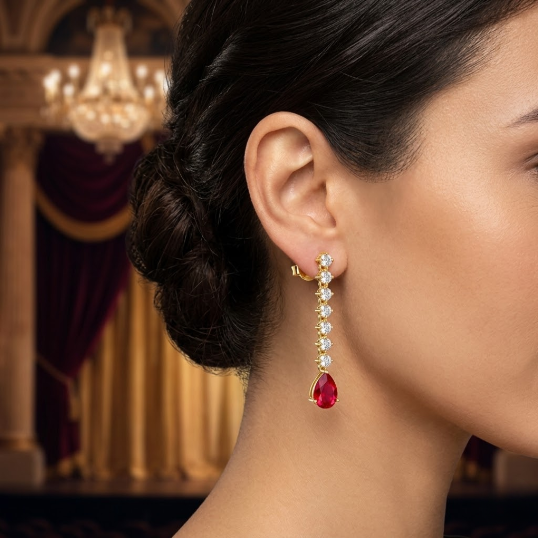 Ruby Pear Drop Earrings with Diamond Tennis Chain