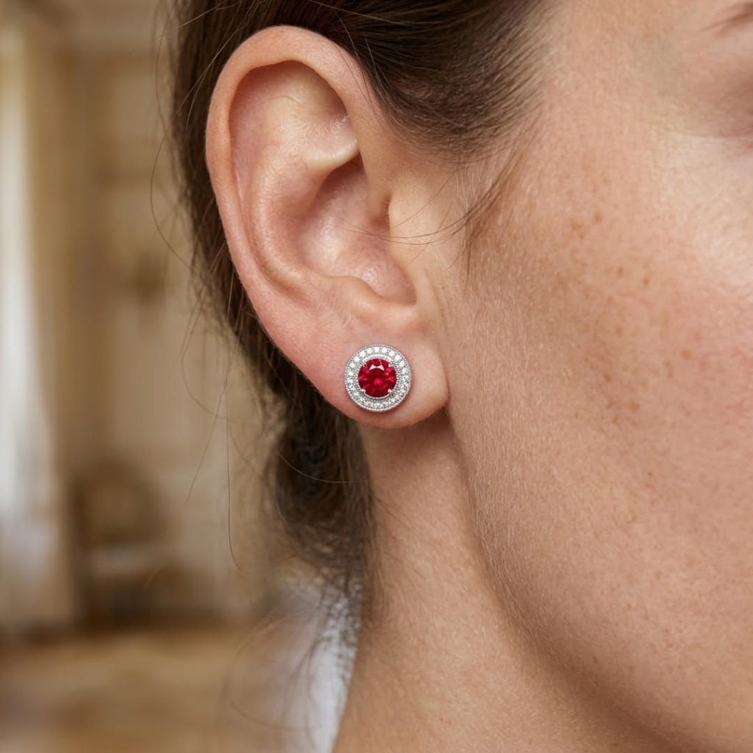 Ruby Round Double Halo Milgrain Stud Earrings