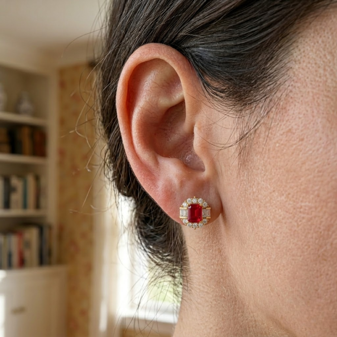 Ruby Art Deco Baguette & Round Halo Stud Earrings