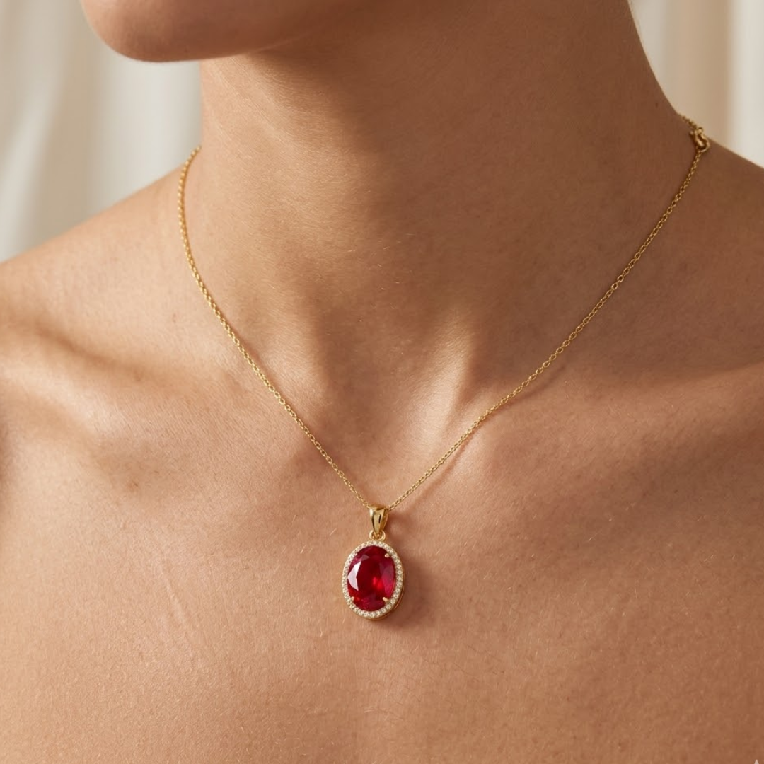Ruby Oval Halo Pendant