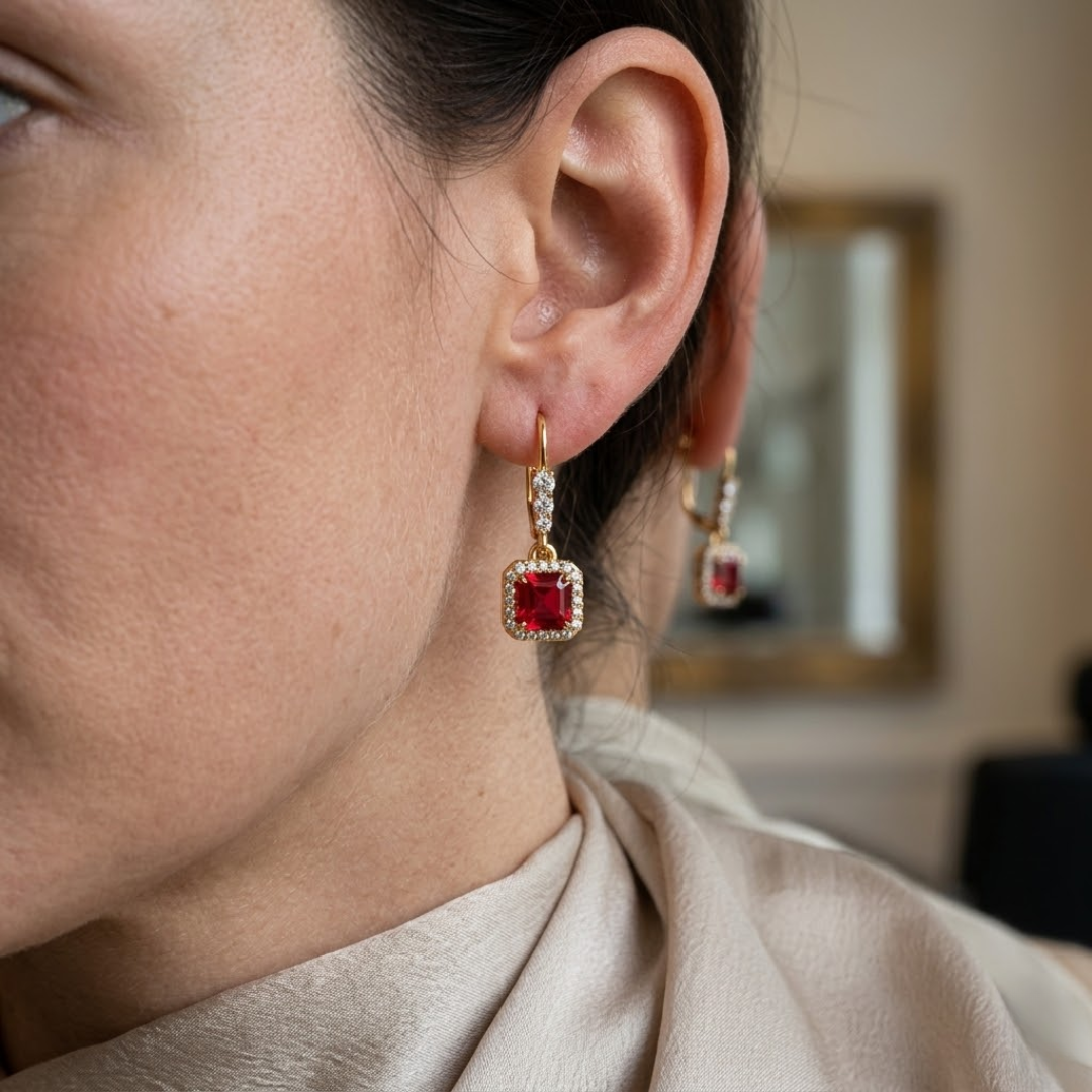Ruby Asscher Halo French Hook Drop Earrings