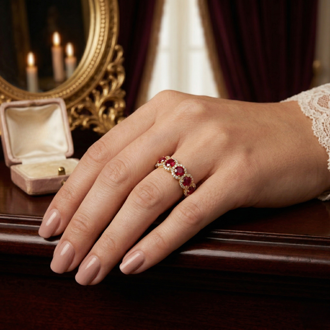 Ruby 5-Stone Halo Band Ring