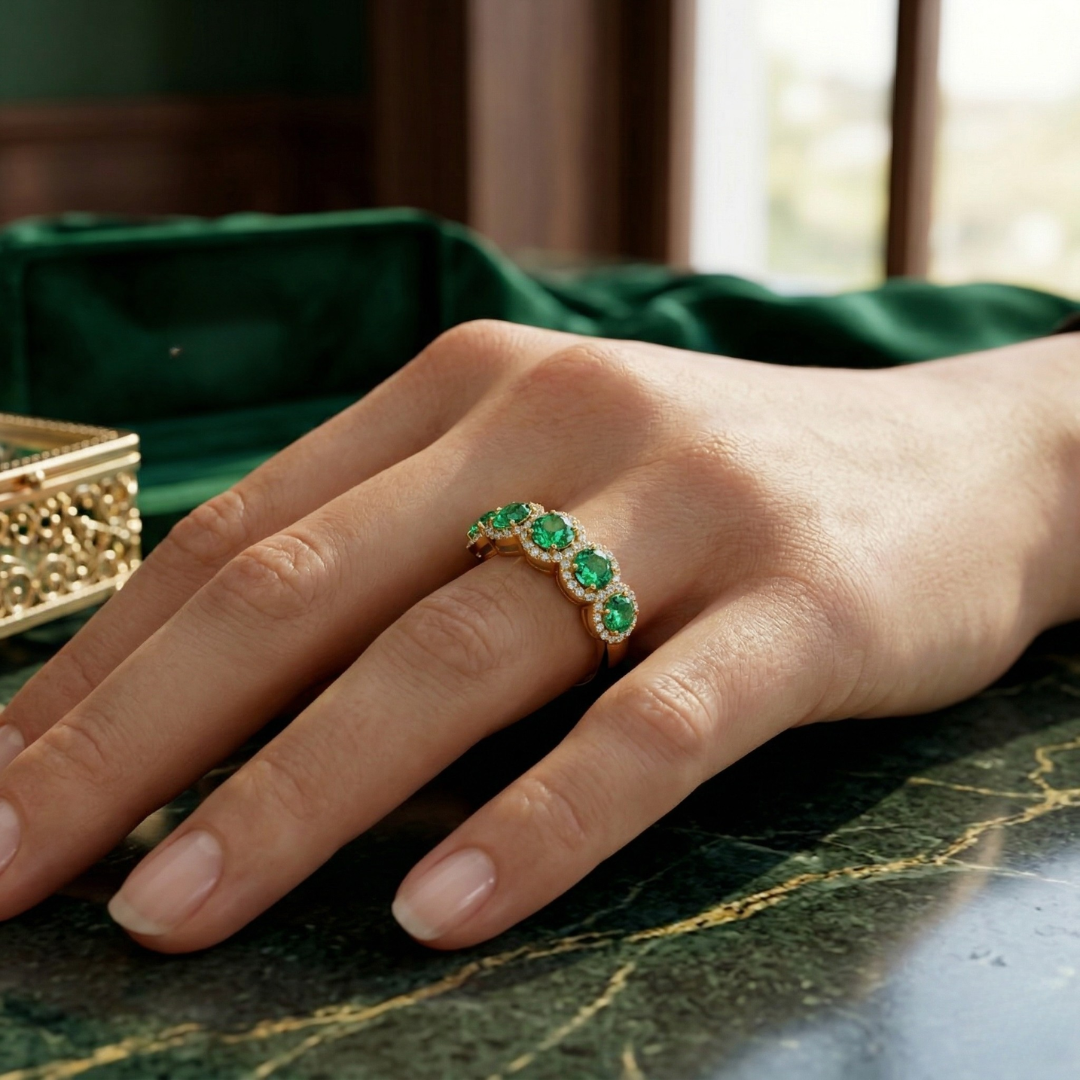 Colombian Emerald 5-Stone Halo Band Ring