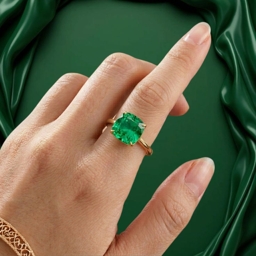 Colombian Emerald Cushion Solitaire Ring