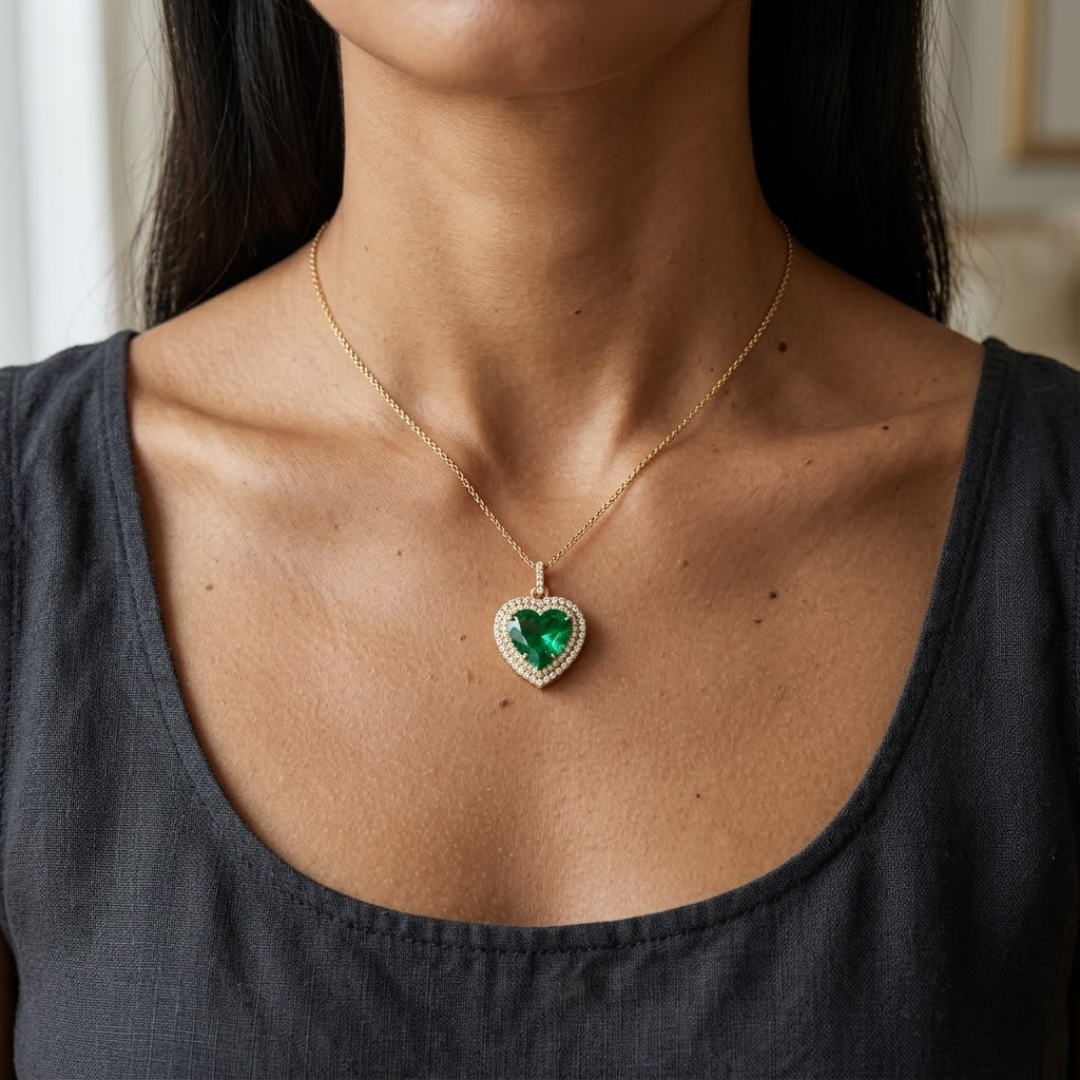 Colombian Emerald Heart Double Halo Pendant