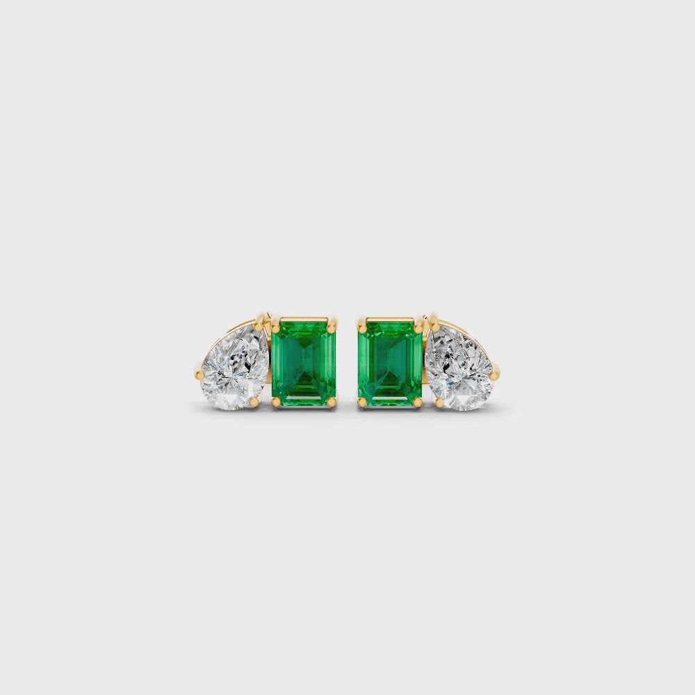 Colombian Emerald Diamond Toi et Moi Stud Earrings