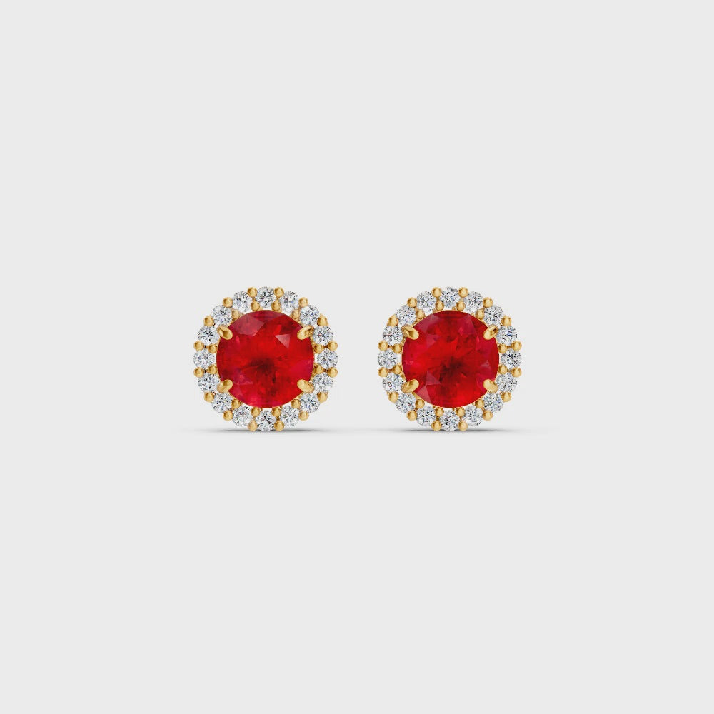 Ruby Diamond Round Halo Stud Earrings with Floral Basket