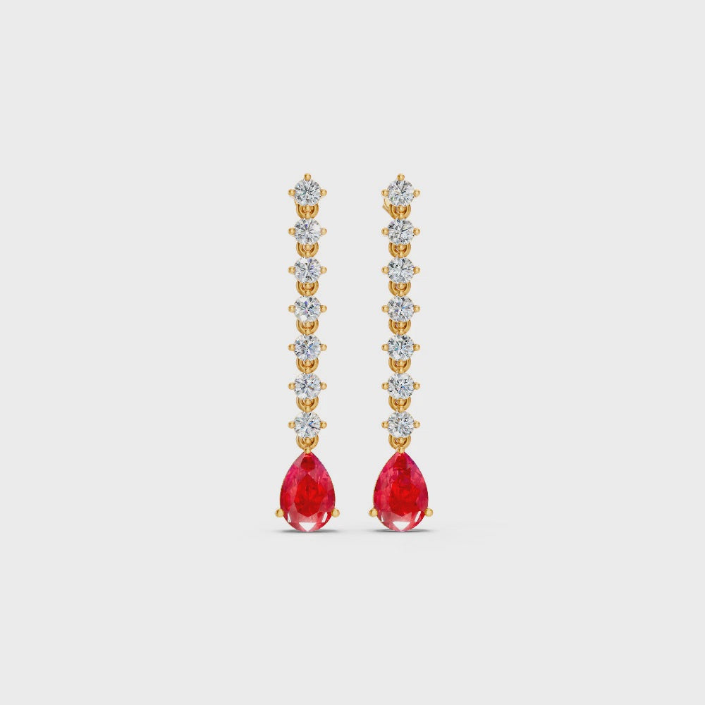 Ruby Pear Drop Earrings with Diamond Tennis Chain