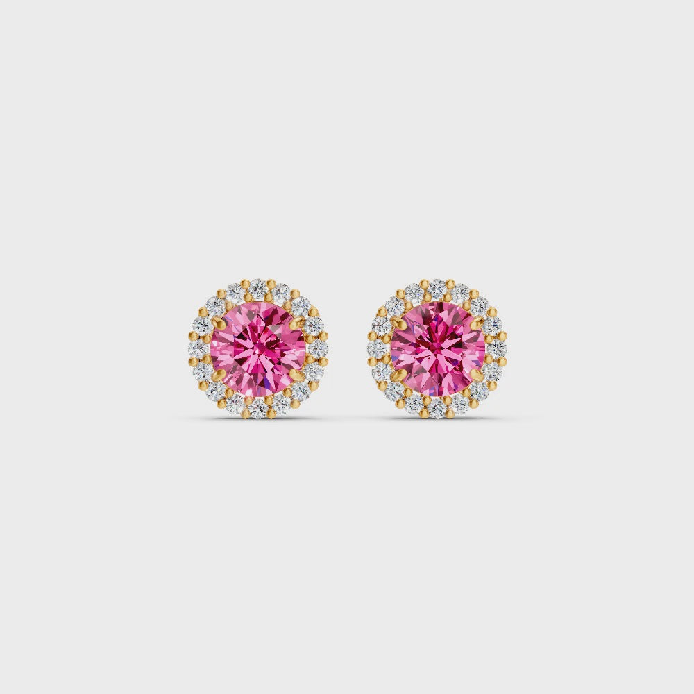 Pink Sapphire Diamond Round Halo Stud Earrings with Floral Basket