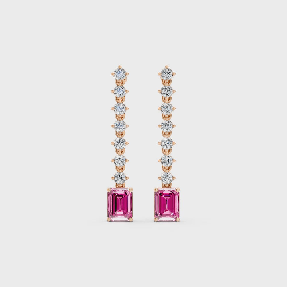 Pink Sapphire Octagonal Drop Earrings with Diamond Tennis Chain