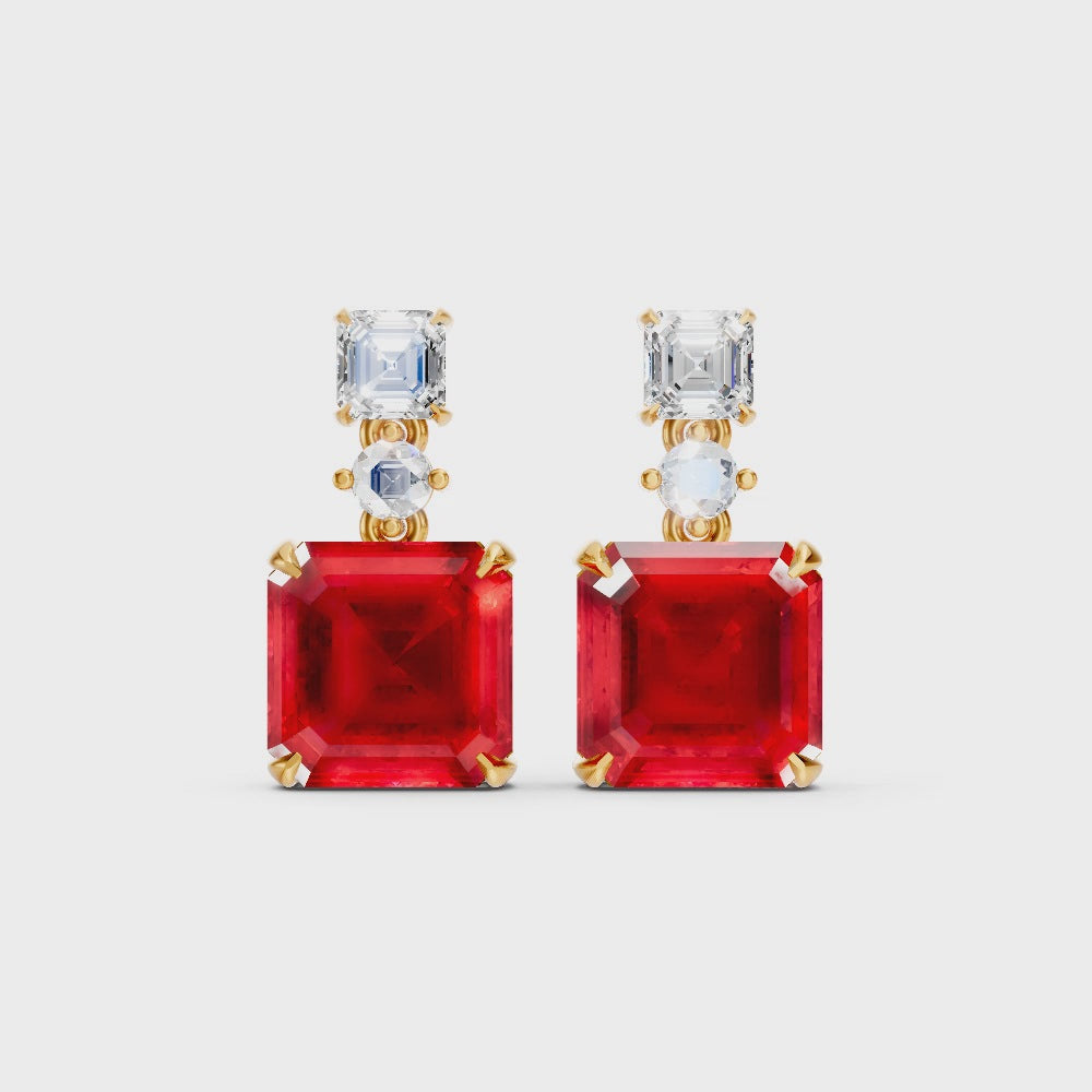 Ruby & Diamond Three-Stone Drop Earrings