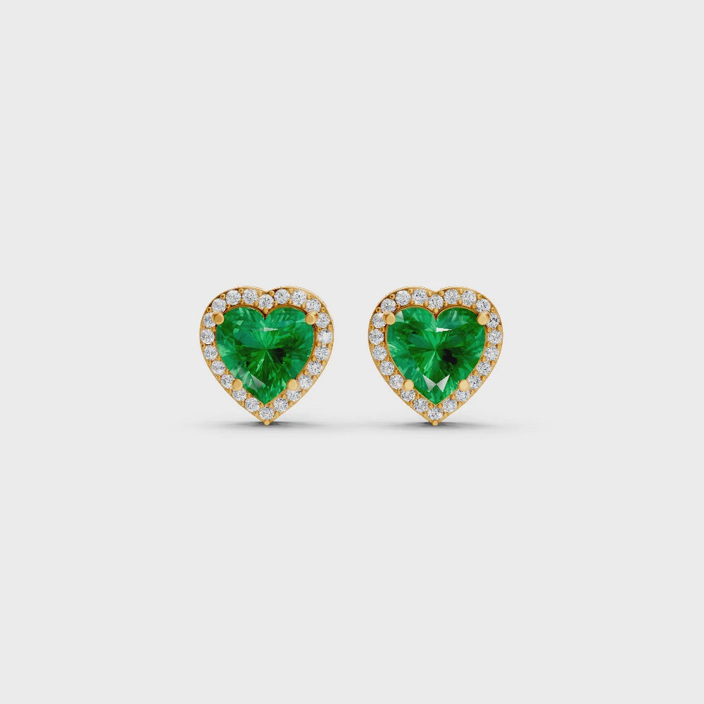 Colombian Emerald Heart Halo Stud Earrings