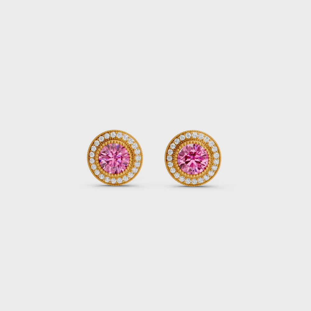 Pink Sapphire Round Double Halo Milgrain Stud Earrings