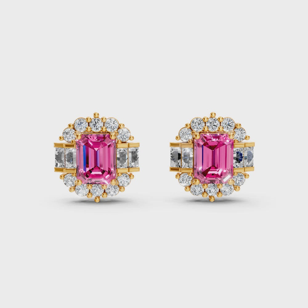 Pink Sapphire Art Deco Baguette & Round Halo Stud Earrings