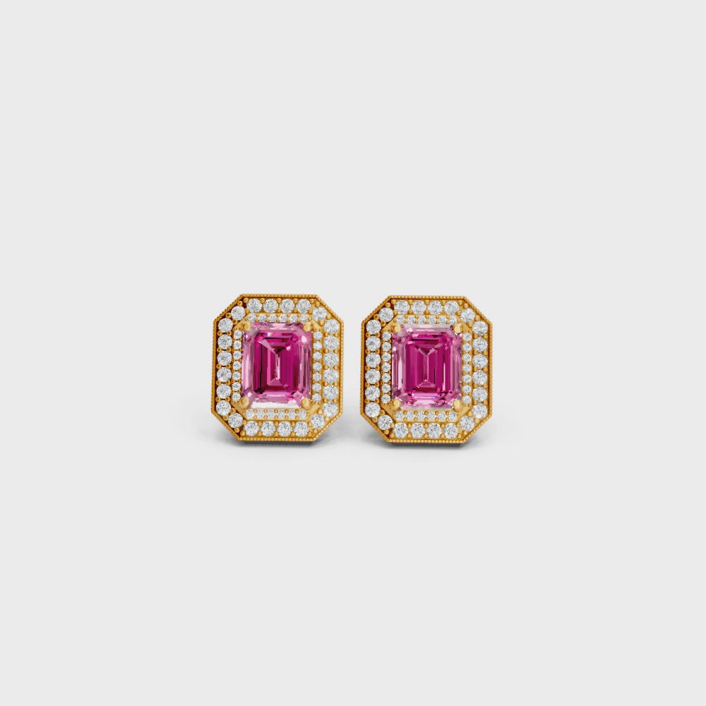 Pink Sapphire Octagonal Double Halo Milgrain Stud Earrings