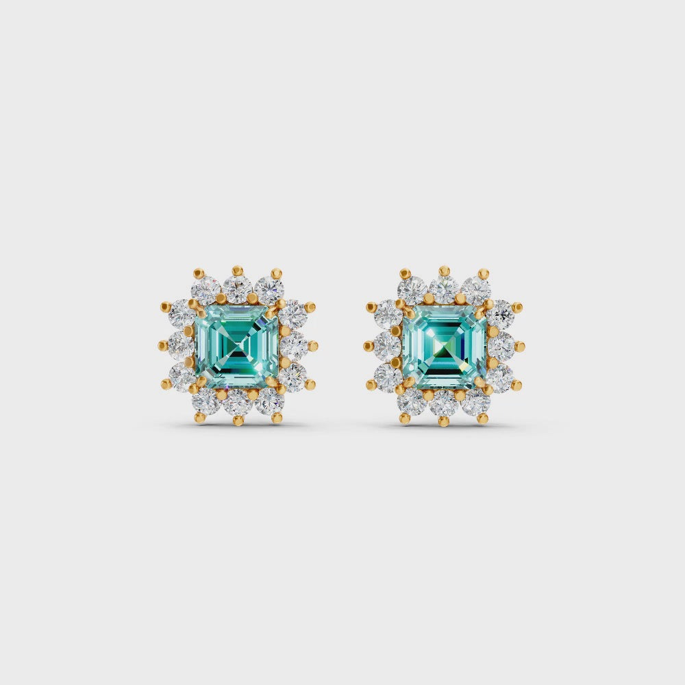 Paraiba Tourmaline Ruby Asscher Cut Sunburst Halo Stud Earrings