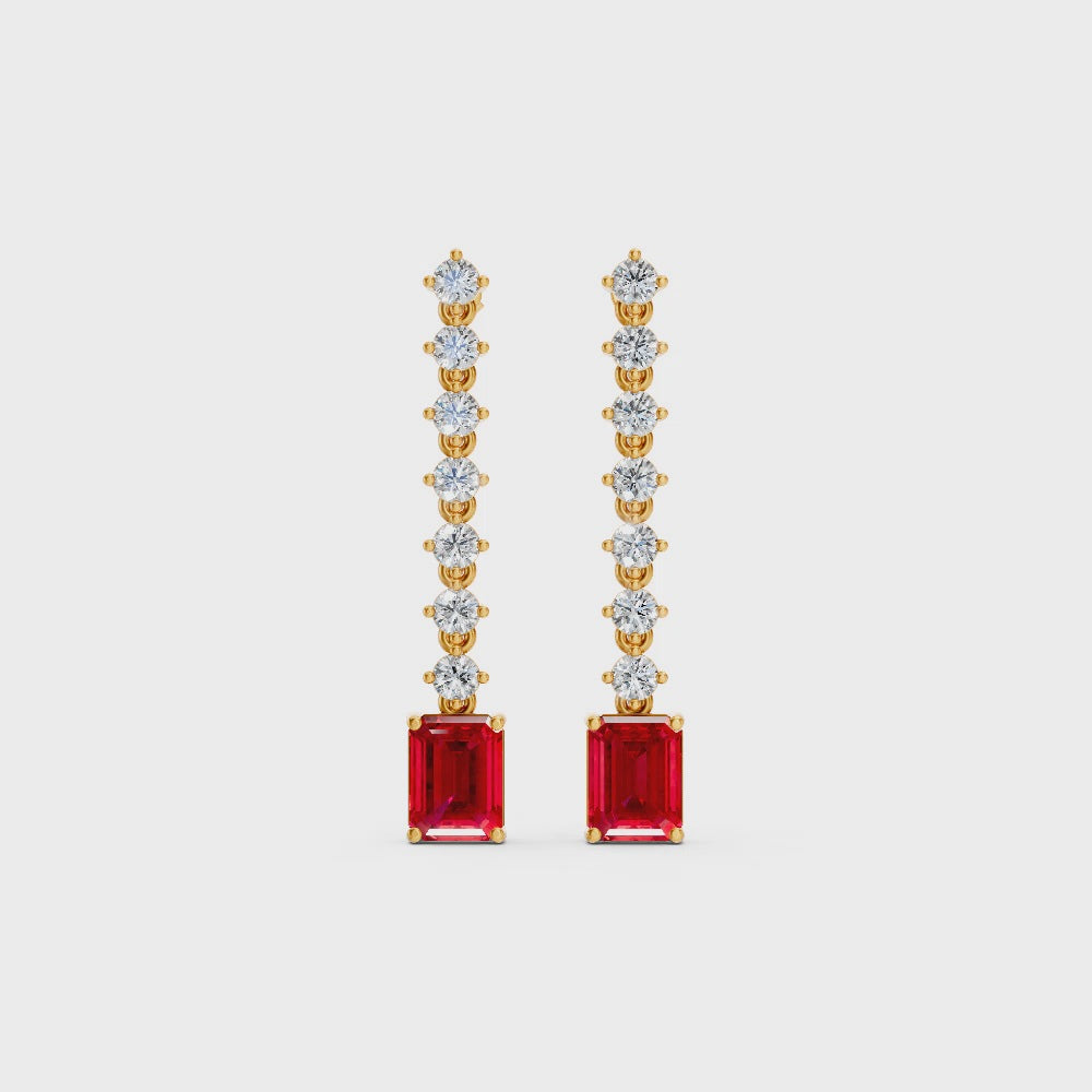 Ruby Octagonal Drop Earrings with Diamond Tennis Chain