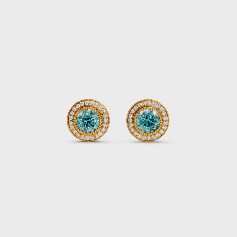 Paraiba Tourmaline Round Double Halo Milgrain Stud Earrings