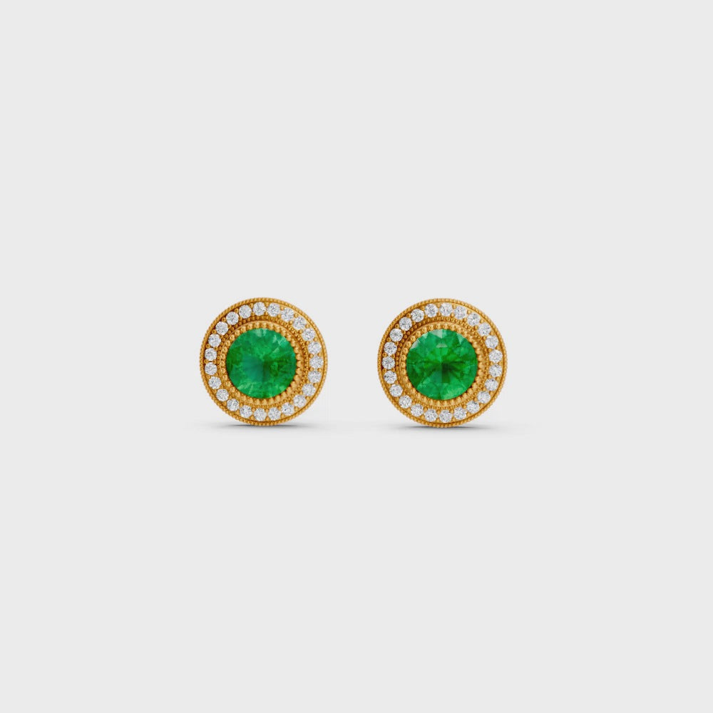 Colombian Emerald  Round Double Halo Milgrain Stud Earrings