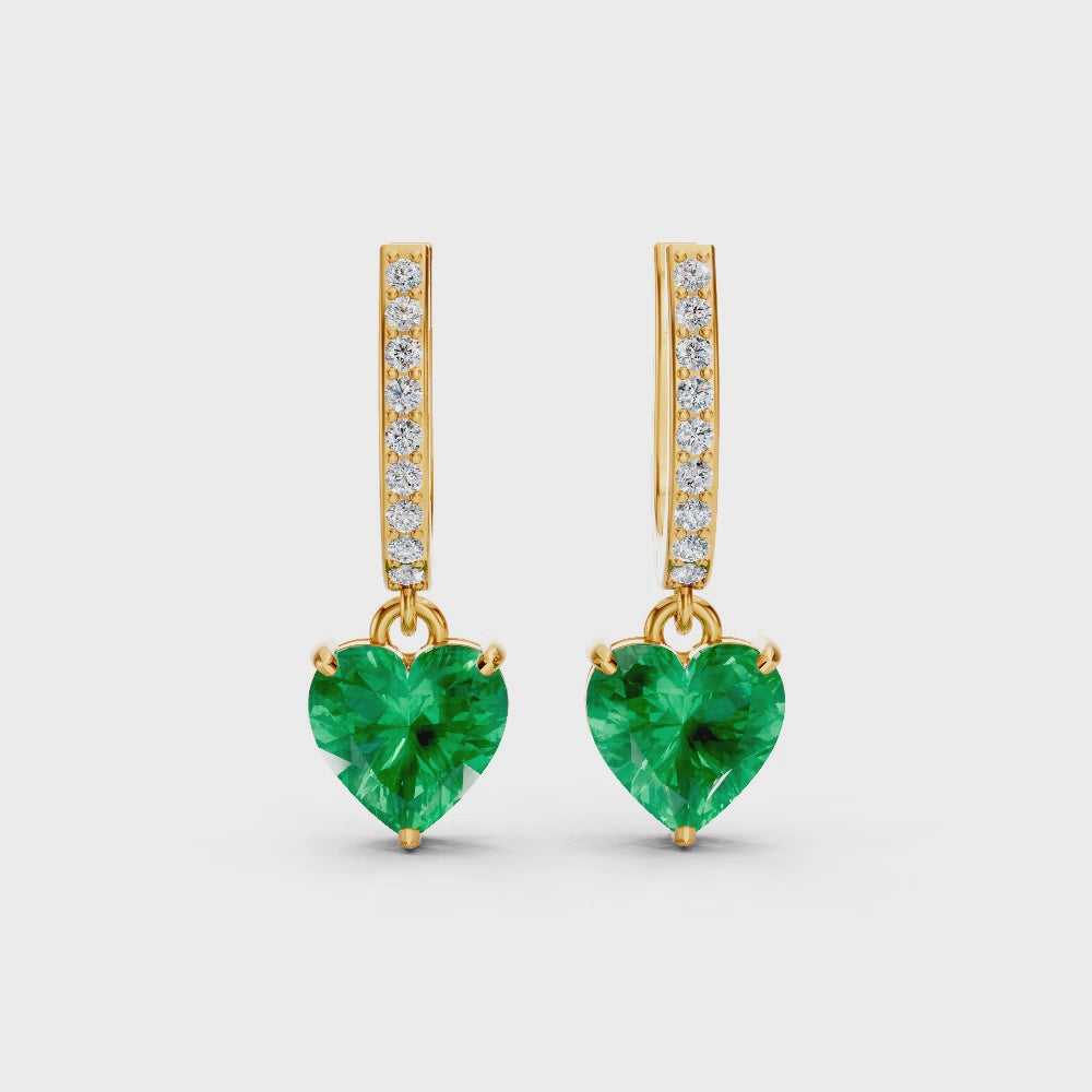 Colombian Emerald Ruby Heart Drop Huggie Earrings