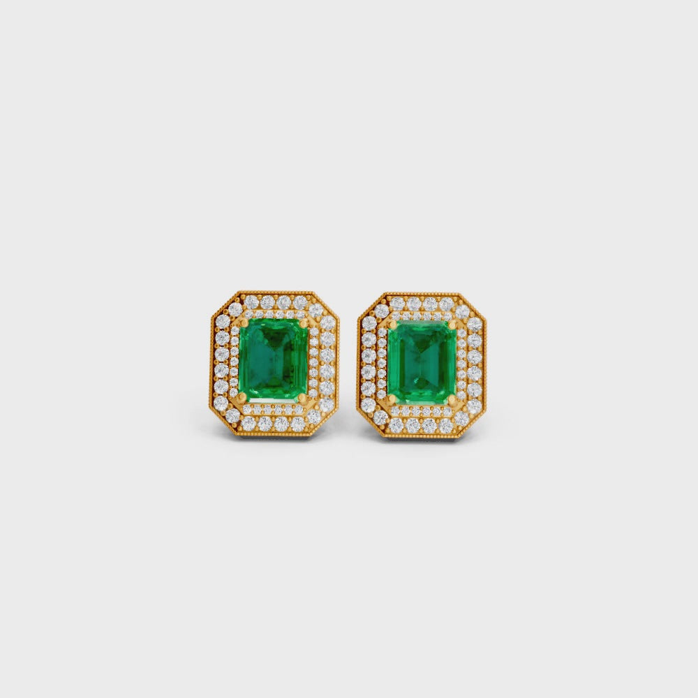 Colombian Emerald  Octagonal Double Halo Milgrain Stud Earrings