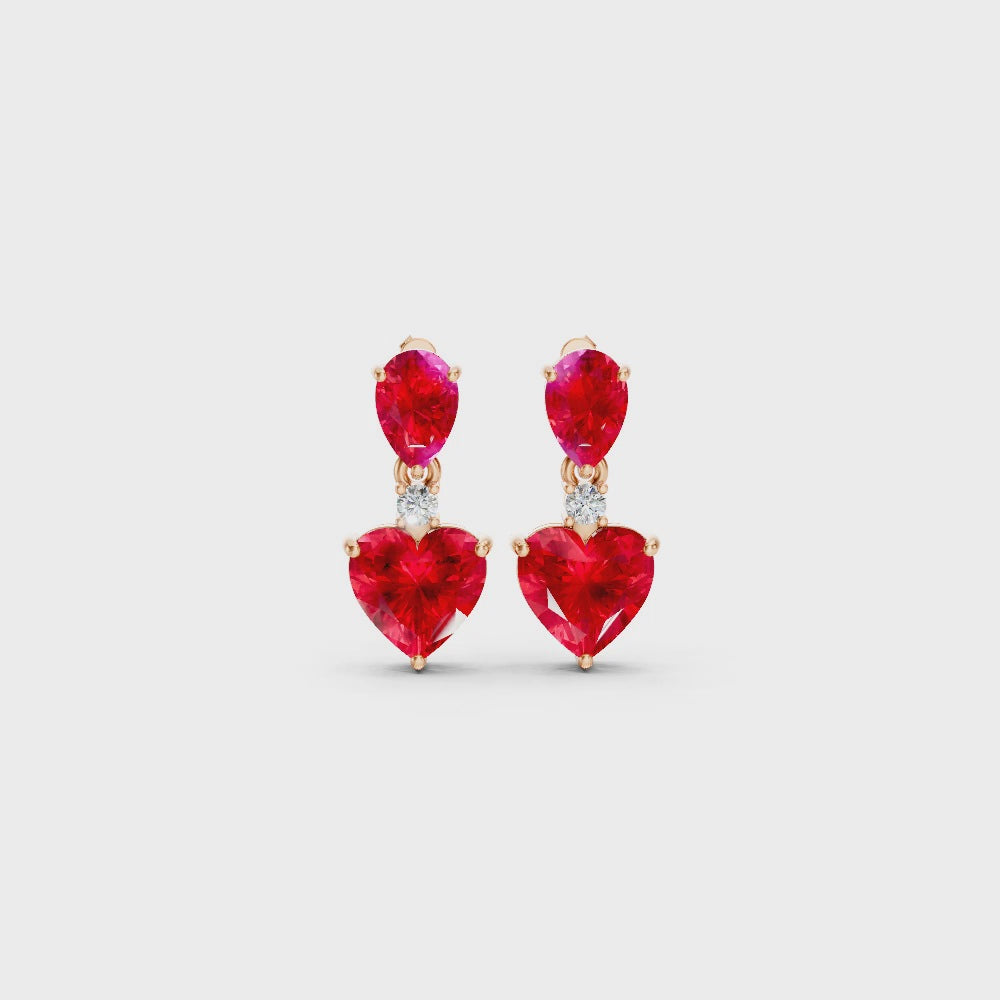 Ruby Pear & Heart Drop Earrings