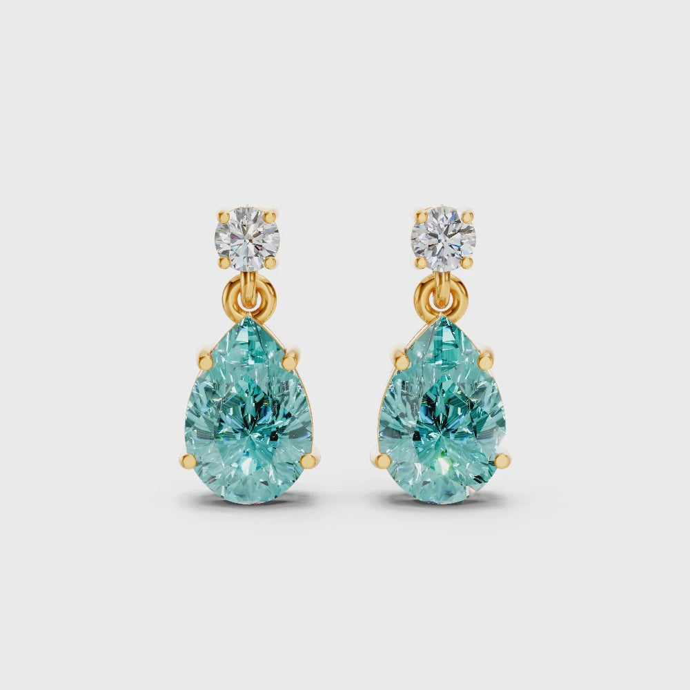 Paraiba Tourmaline Pear & Diamond Round Two-Stone Drop Earrings