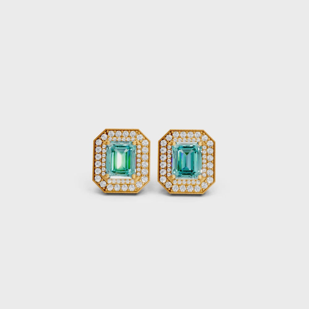 Paraiba Tourmaline Octagonal Double Halo Milgrain Stud Earrings