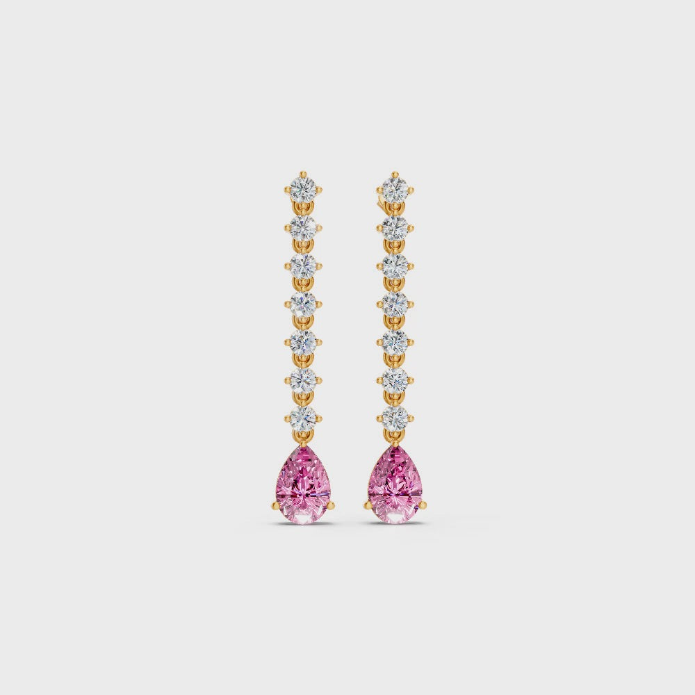 Pink Sapphire Pear Drop Earrings with Diamond Tennis Chain