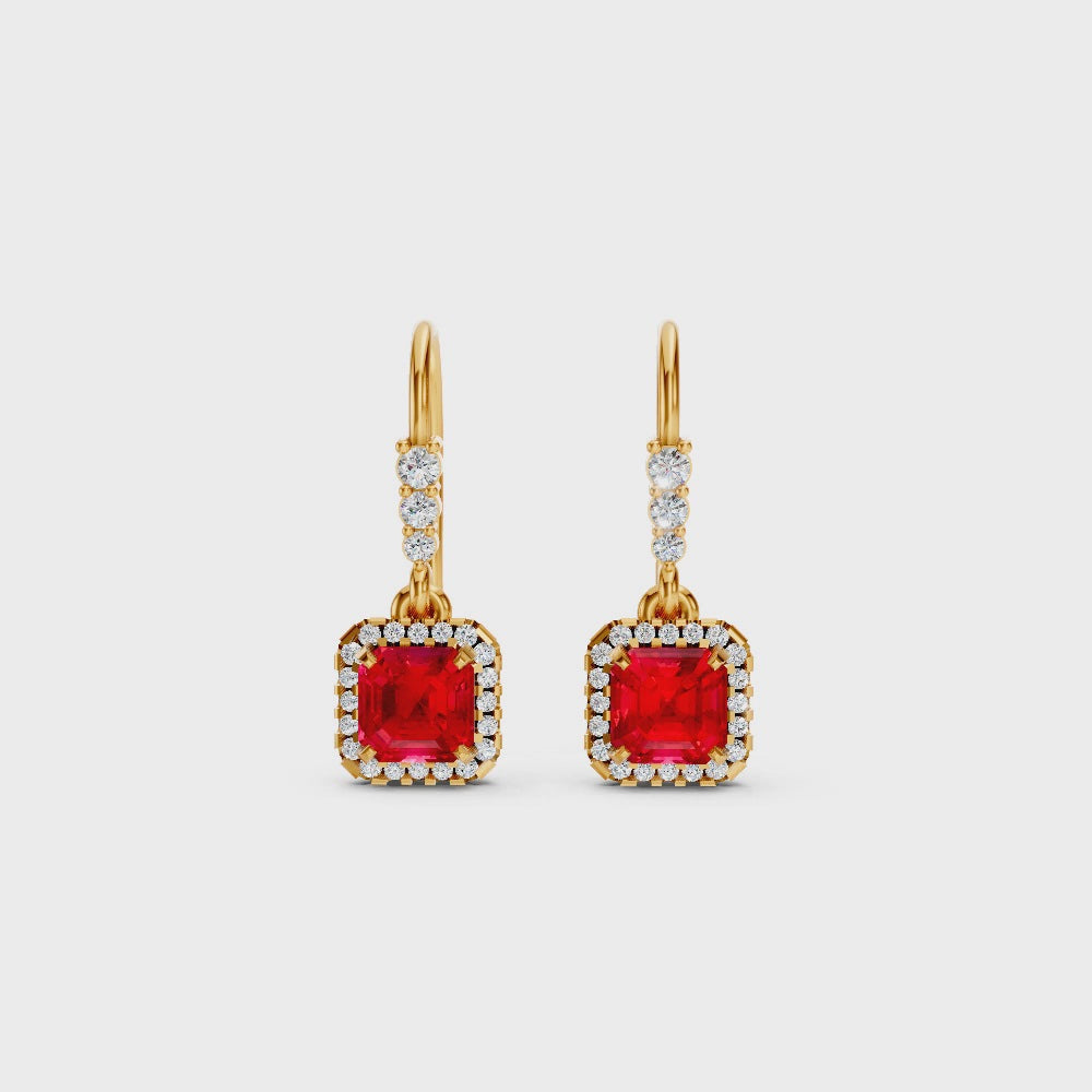 Ruby Asscher Halo French Hook Drop Earrings