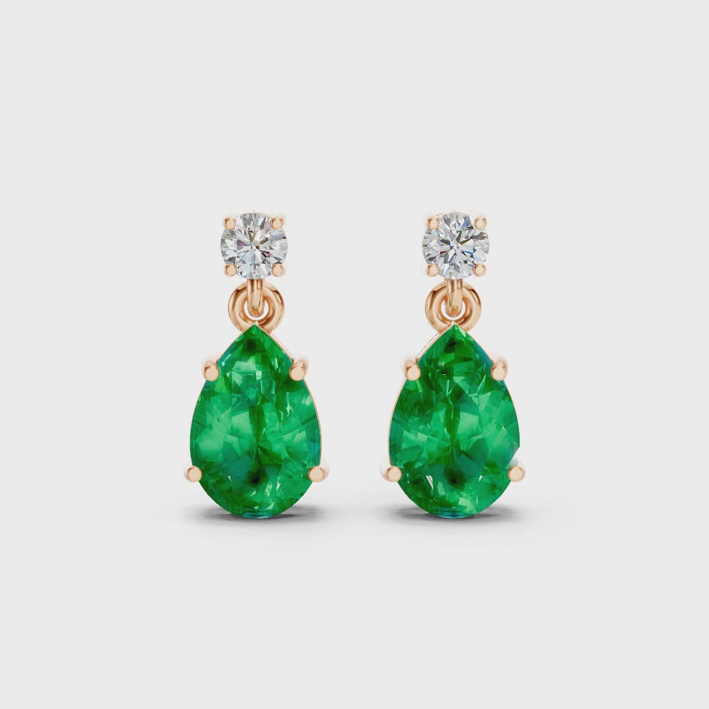 Colombian Emerald Pear & Diamond Round Two-Stone Drop Earrings