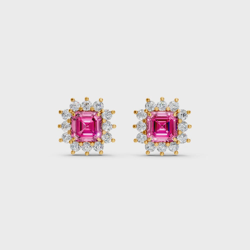 Pink Sapphire Ruby Asscher Cut Sunburst Halo Stud Earrings