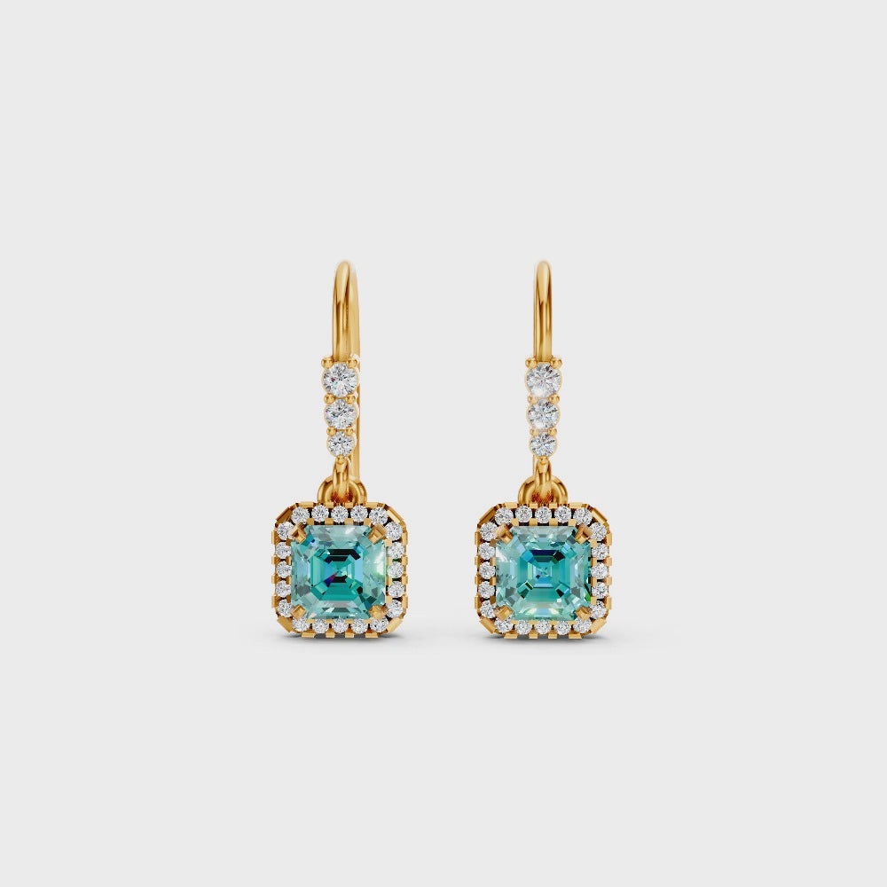 Paraiba Tourmaline Asscher Halo French Hook Drop Earrings