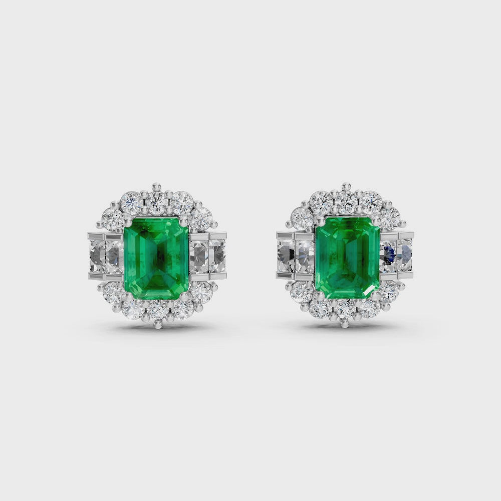 Colombian Emerald Art Deco Baguette & Round Halo Stud Earrings