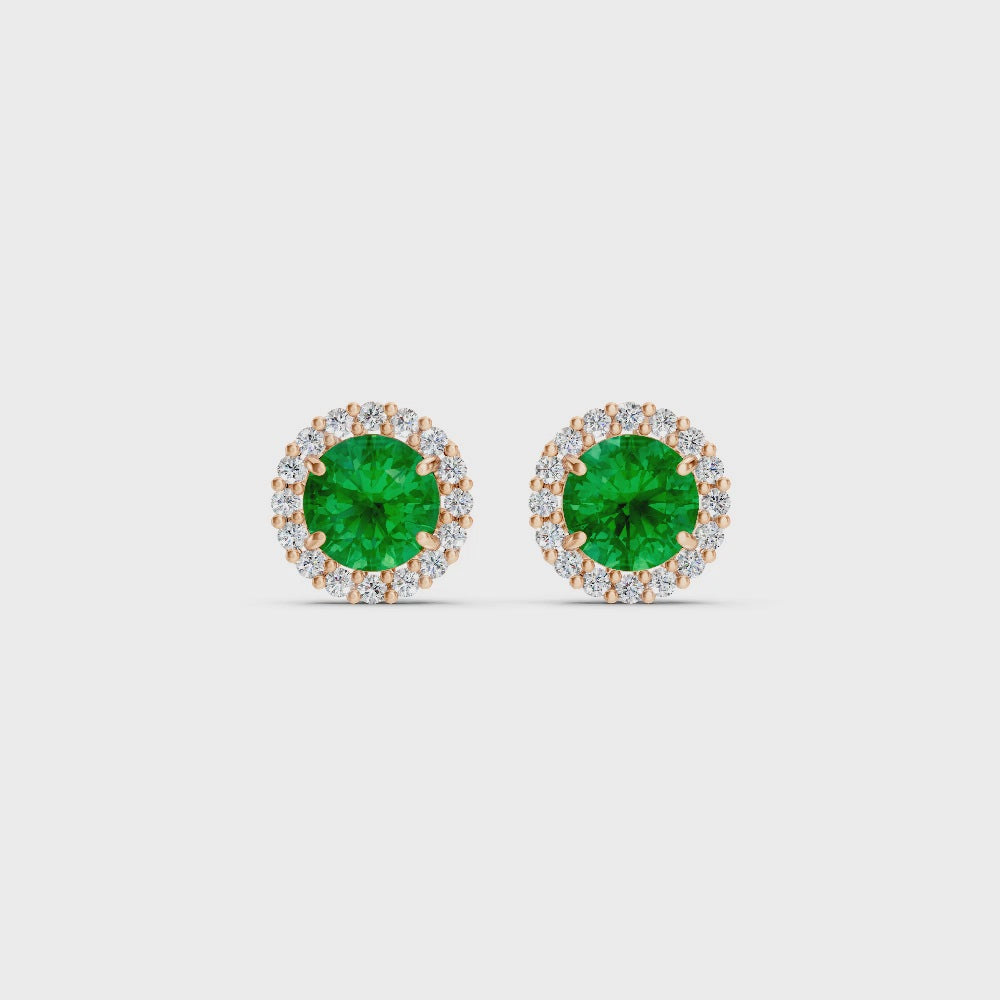 Colombian Emerald Diamond Round Halo Stud Earrings with Floral Basket