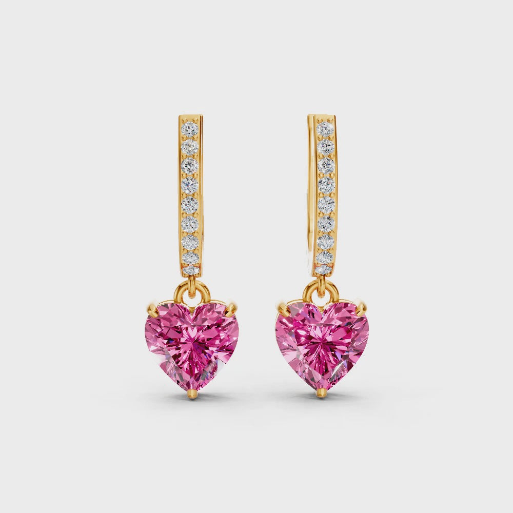 Pink Sapphire  Ruby Heart Drop Huggie Earrings