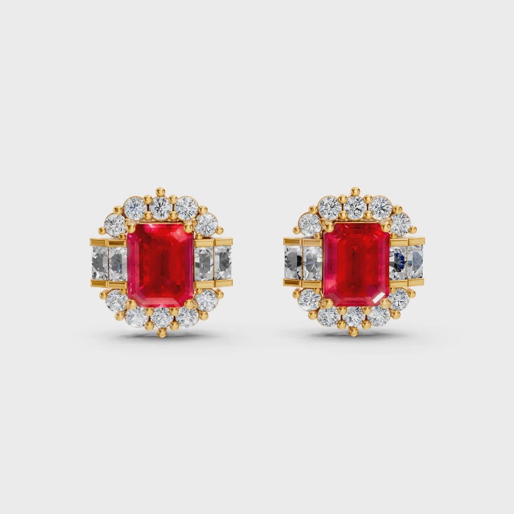 Ruby Art Deco Baguette & Round Halo Stud Earrings