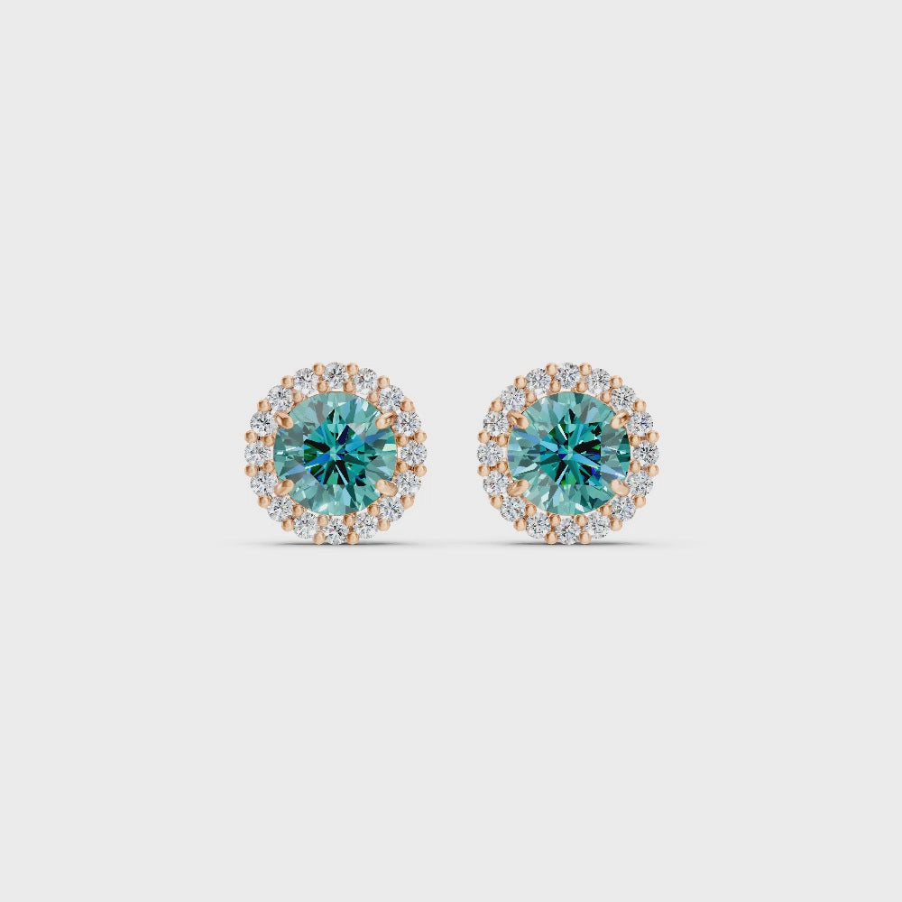 Paraiba Tourmaline Diamond Round Halo Stud Earrings with Floral Basket