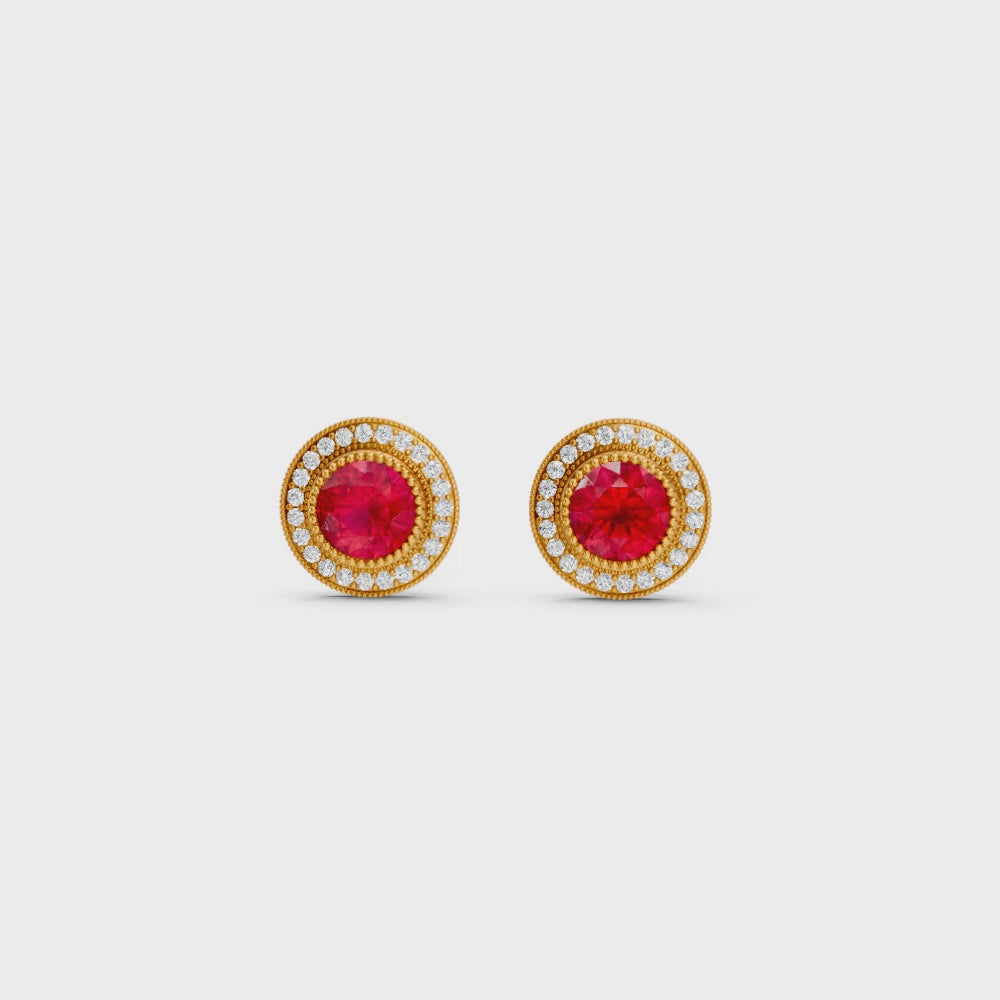 Ruby Round Double Halo Milgrain Stud Earrings