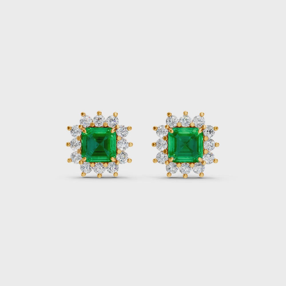 Colombian Emerald Ruby Asscher Cut Sunburst Halo Stud Earrings
