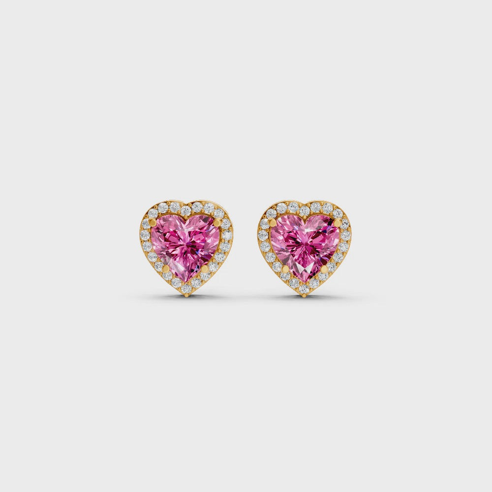 Pink Sapphire Heart Halo Stud Earrings