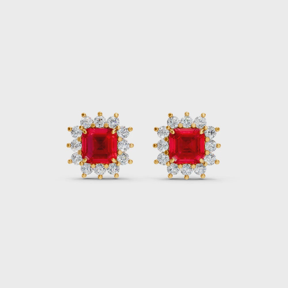 Ruby Asscher Cut Sunburst Halo Stud Earrings