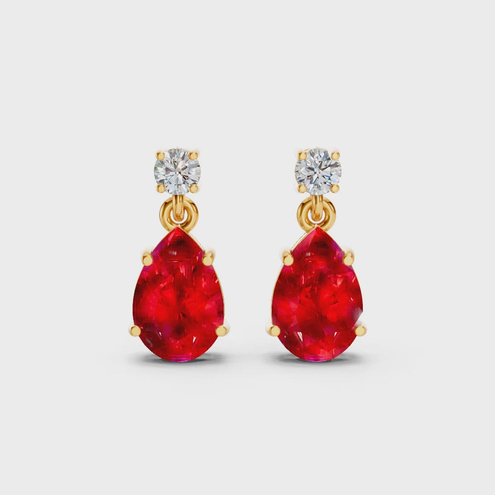 Ruby Pear & Diamond Round Two-Stone Drop Earrings