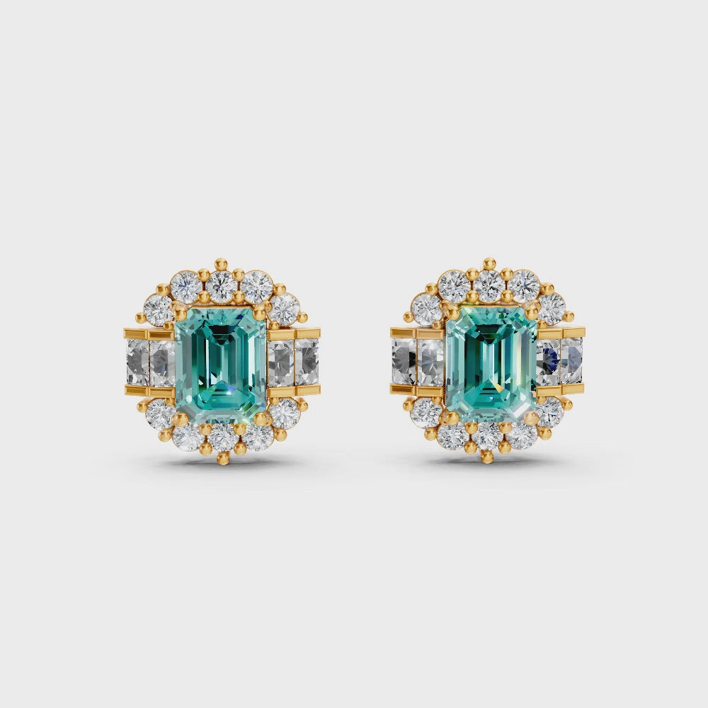 Paraiba Tourmaline Art Deco Baguette & Round Halo Stud Earrings