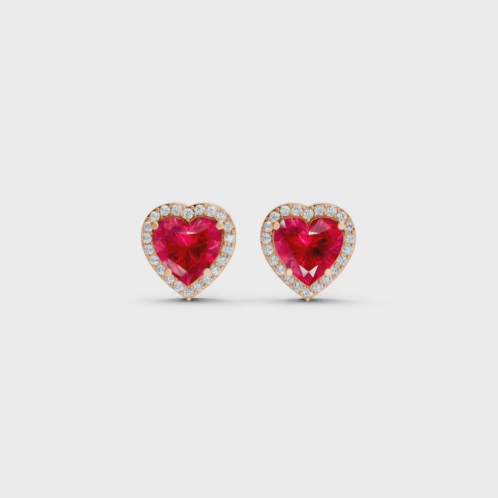 Ruby Heart Halo Stud Earrings