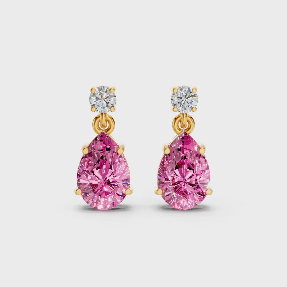 Pink Sapphire Pear & Diamond Round Two-Stone Drop Earrings