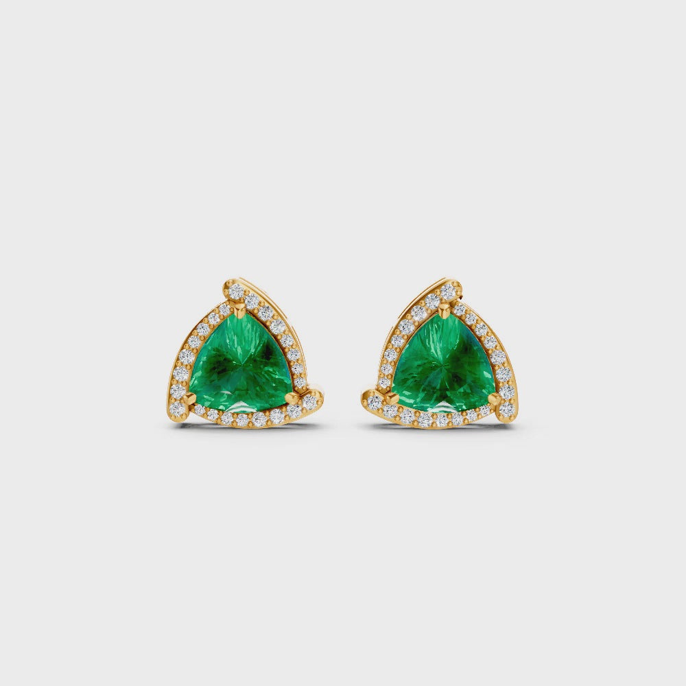Colombian Emerald Trillion Halo Stud Earrings