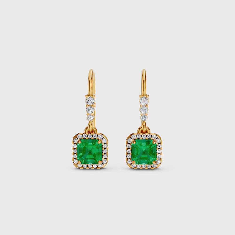 Colombian Emerald Asscher Halo French Hook Drop Earrings
